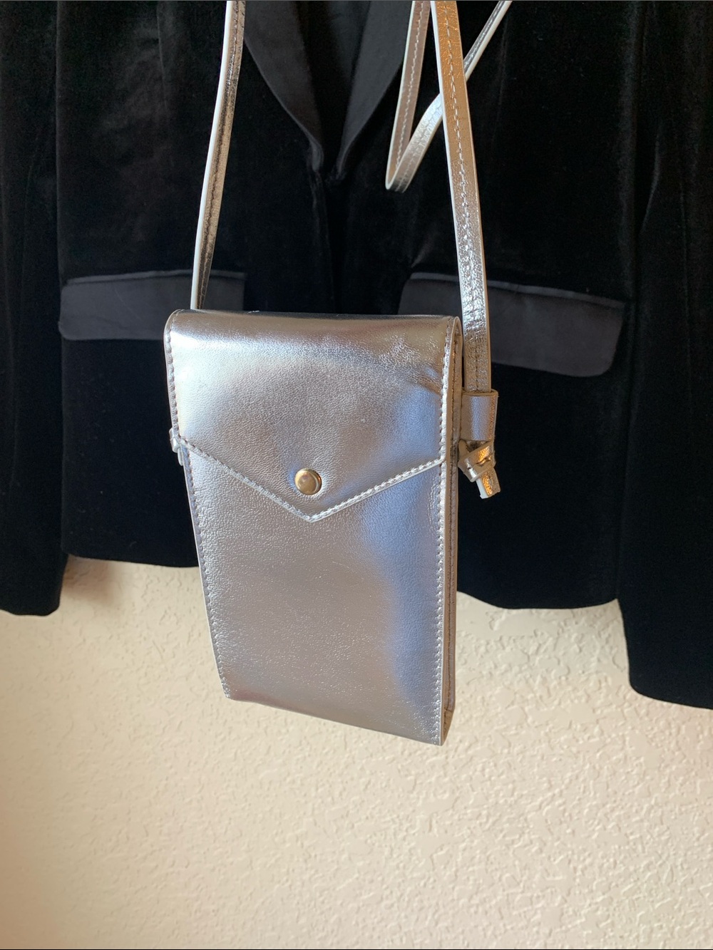 Metallic Silver JCrew Leather Crossbody Phone Pouch